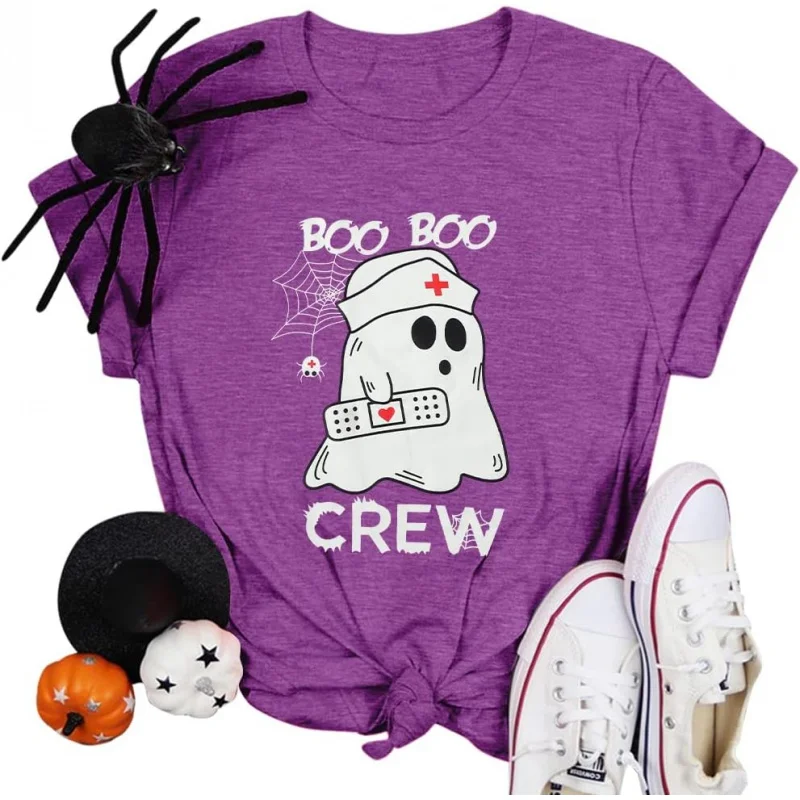 

Halloween Nurse Shirt Women Boo Funny Ghost Nurse Graphic Tea Tops