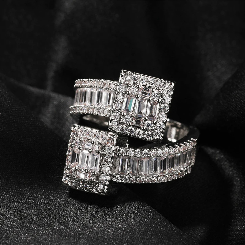 Hip Hop 5A+ CZ Stone Paved Bing Iced Out Square Rings for Men Women Unisex Rapper Jewelry Gold Silver Black Color