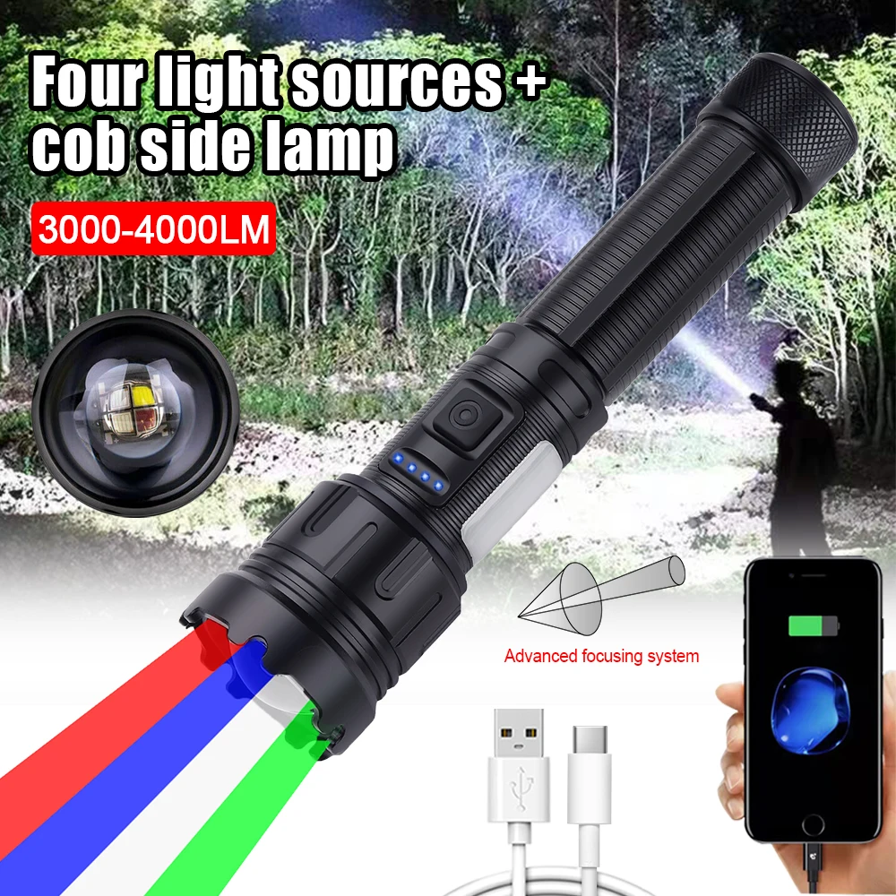 4 in 1 Zoomable Hunting Flashlight 30W 4000LM White+Green+Red+Blue 7 Modes Multi-color Outdoor Waterproof Type-C Charging Torch