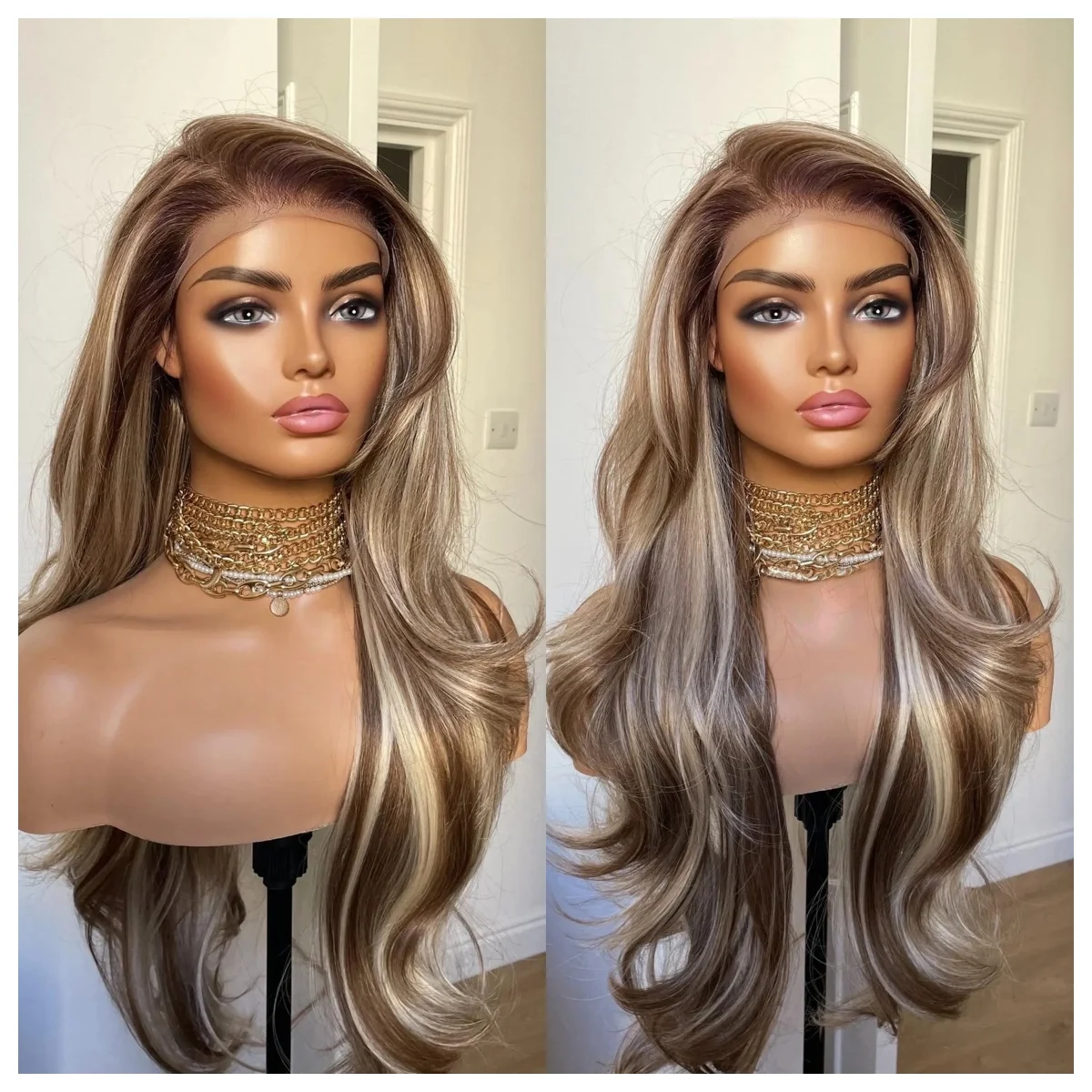 

Ombre Light Brown Synthetic Wig High Quality Lace Frontal 13x4 HD Glueless for Cosplay Daily Wear Party Auburn Colored Hair