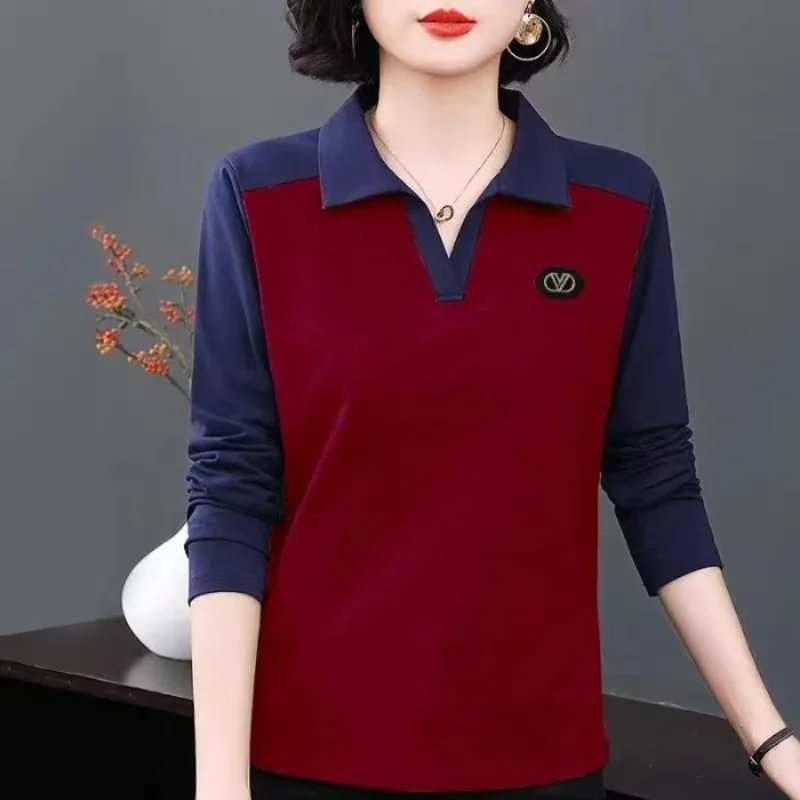 

Long-sleeved T-shirt Women's Lapel Polo Shirt Casual Contrast Pullover Fashion Top
