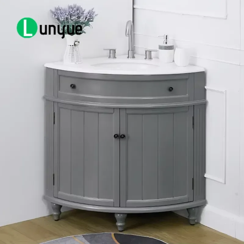 Luxury European Grey Marble Top Bathroom Vanity Cabinet MDF Standing Sink Unit Durable Easy Clean Classic Design for Home