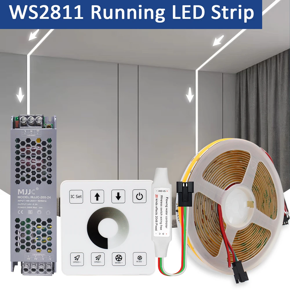 WS2811 COB Running Water LED Strip Light Horse Race Chaing Lamp DC24V Pixel LED Flexible Ribbon Wireless Touch Remote Control