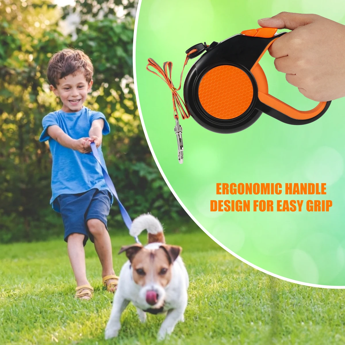 CFMOUR Guinzaglio retrattile per cani, 5 m/50 kg, blu, resistente, estensibile, per cani di taglia media e grande; guinzaglio in nastro di nylon resistente, freno e blocco con un pulsante, clicker per