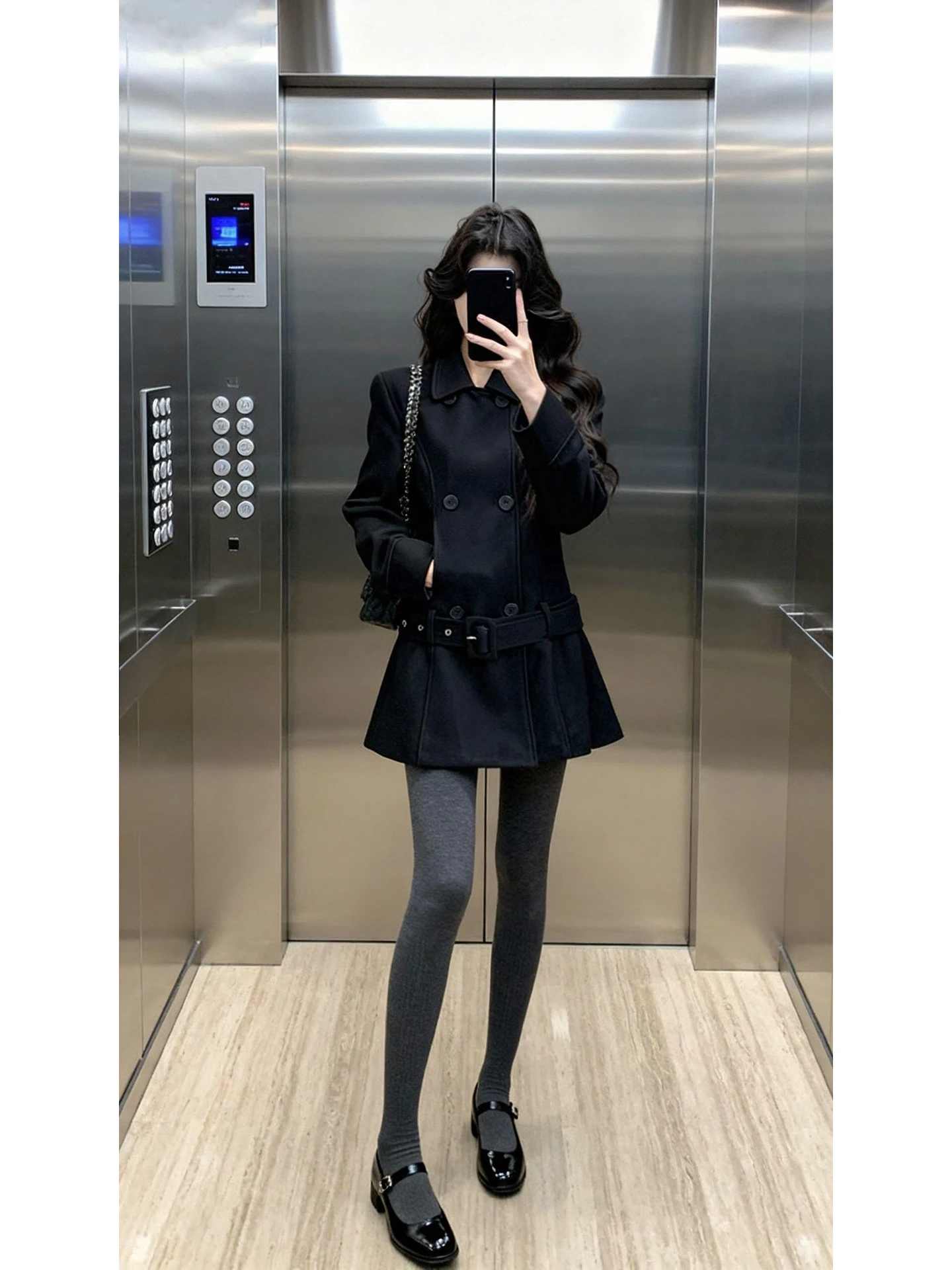 Retro Korean Style Women's Long Coat Double Row Buttons Loose Fit Black Turn-down Collar Spring Autumn New Arrival