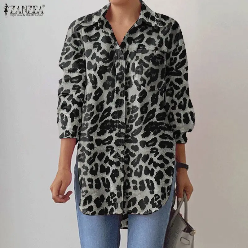 เสื้อเชิ้ตผู้หญิงทรงโอเวอร์ไซส์ แขนยาว คอปก ติดกระดุม ชายเสื้อโค้ง ลายเสือดาว แบรนด์ ZANZEA สำหรับฤดูใบไม้ผลิ ไซส์ S-3XL