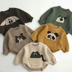 Children's Pocket Cartoon Autumn Winter Korean Edition  Sweater For Boys And Girls Clothing Baby Pullover Knitted Bottom Sweater