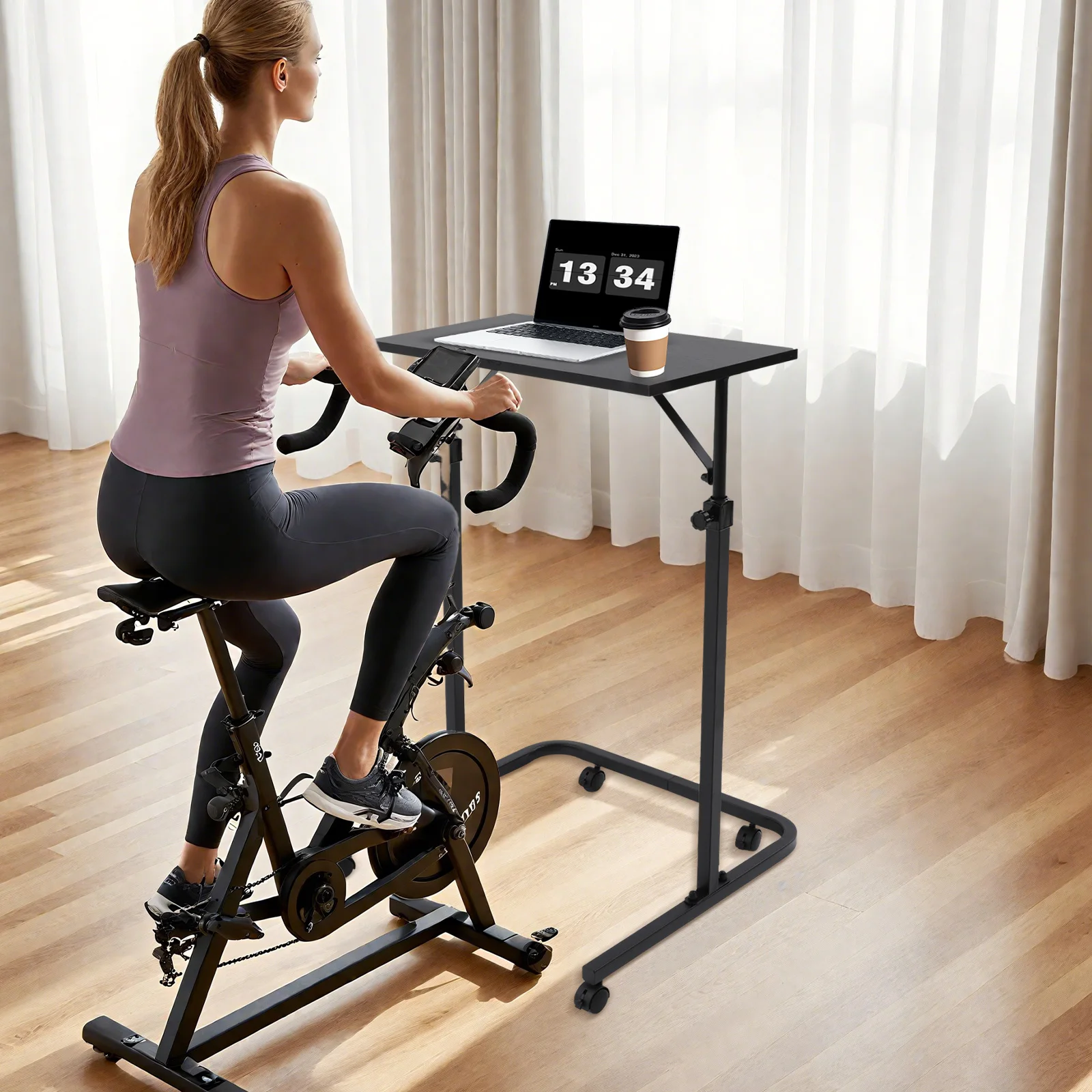 Tavolo per Allenamento Indoor con Ruote, Supporto per Bici da Allenamento, Scrivania Fitness Regolabile in Altezza 91-123,5 cm, Ampio Piano di Lavoro 60*30 cm