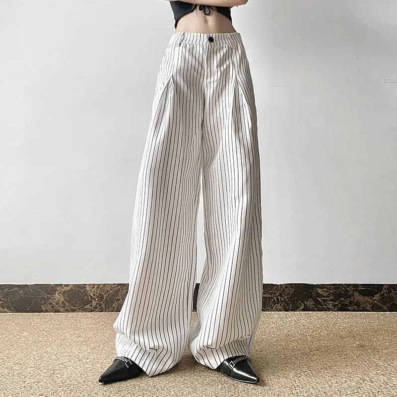 

Korean Version Fashion Loose Stripe Print Women'S Pants Elegant High Waist Full Length Pants Casual Classic Full Length Trousers