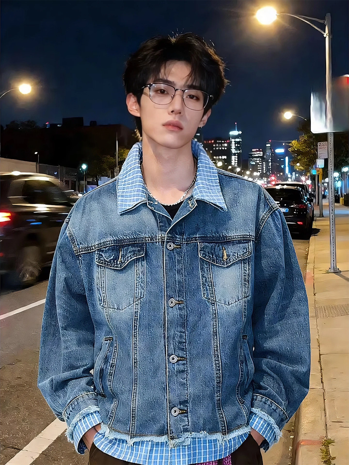 

Men's Plaid irt Jeans Jaet Spring Autumn ort Sle Patchwork Design Casual Faion American Sle Youth Jeans Coat