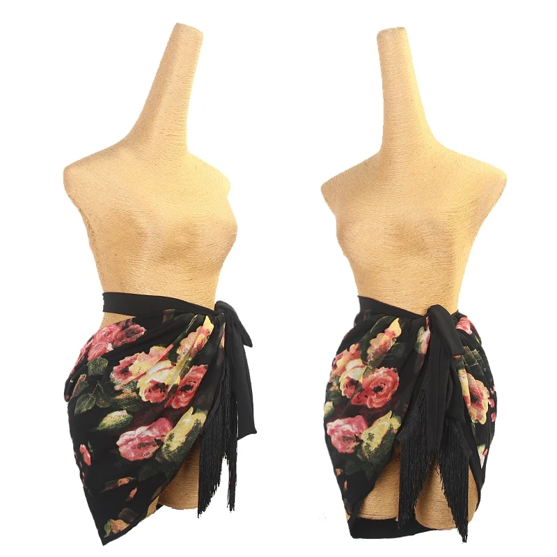 Double Side Wear Latin Dance Skirt Floral Print Hip Scarf Women Sexy Cha Cha Rumba Dance Practice Clothes Fringe Skirt DNV21450