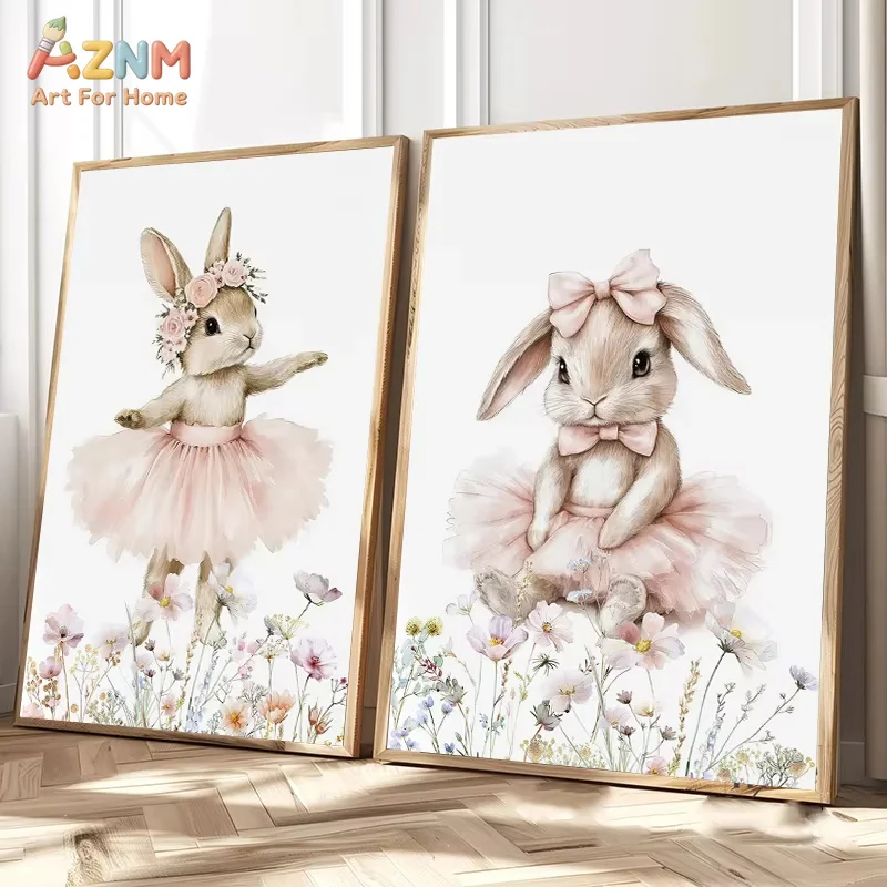 Bunny Ballerina Wildflower Poster Prints Pink Gingham Floral Rabbit Canvas Painting Wall Art for Home Decor