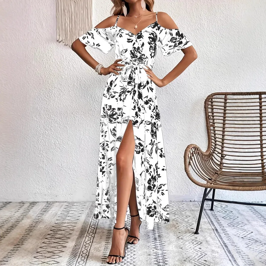 Sexy Strapless Long Floral Print Beach Dress Asymmetrical Skirt Women's Cross-Border Clothing Elastic Waist A-Line Skirt