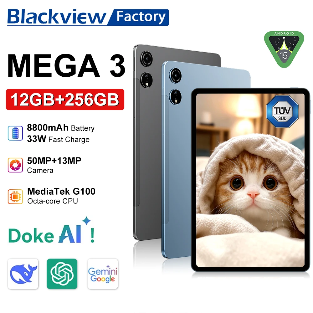 

Планшет Blackview MEGA 3 2025 года выпуска, Android 15, дисплей 12,1 дюйма, 2,5K, 90 Гц, 12 ГБ, 256 ГБ, 8800 мА·ч, планшетный ПК, быстрая зарядка 33 Вт, камера 50 МП