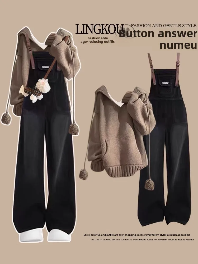 Sweet Sle Age-Defng Strickpullover und lockere Jeans-Overalls, zweiteiliges Set für Damen, Herbstsaison, Freizeitkleidung