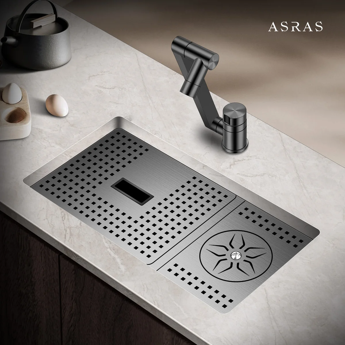 ASRAS Kitchen Bar Sink Nano Kitchen 304 Stainless Steel Small Single Sink with Built in Cup Cleaning Device