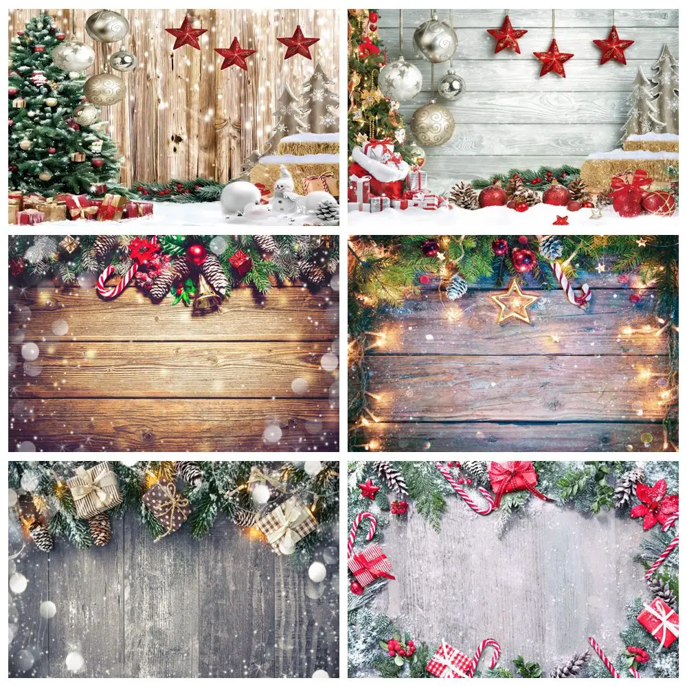 Christmas Wood Board Backdrop Holly Leaves Gifts Xmas Baby Shower Kids Family Portrait Photography Background Decor Photo Studio