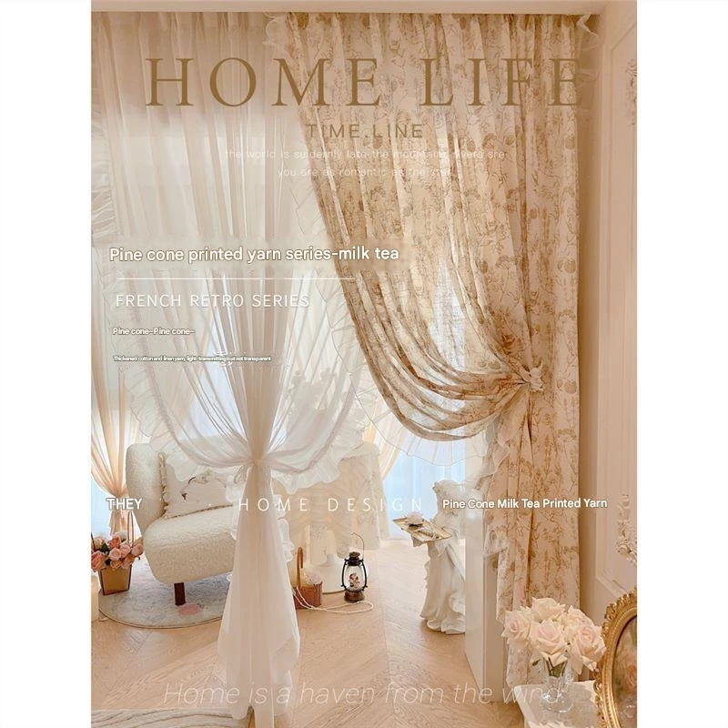 

French retro curtains printed cotton and linen semi-transparent curtain fabric living room bedroom balcony bay window curtain