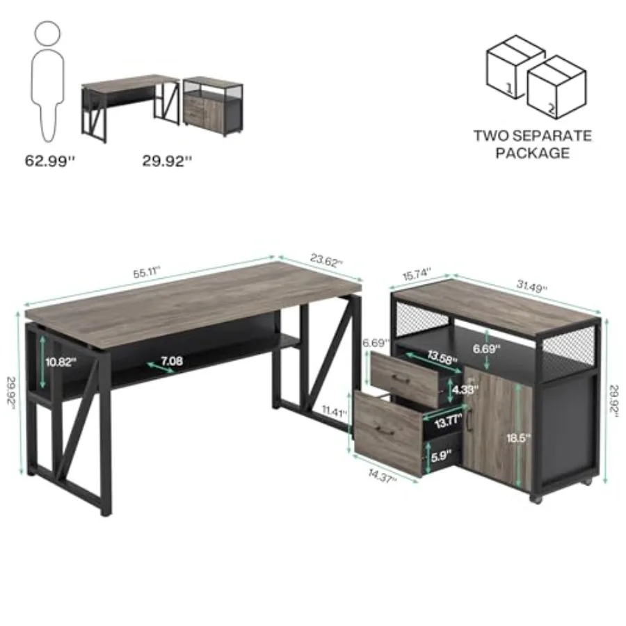 Office Desk with Drawers Sets, 55 Inch L Shaped Computer Desk with Mobile File Cabinet, Big Executive Desk for Home Office Furn
