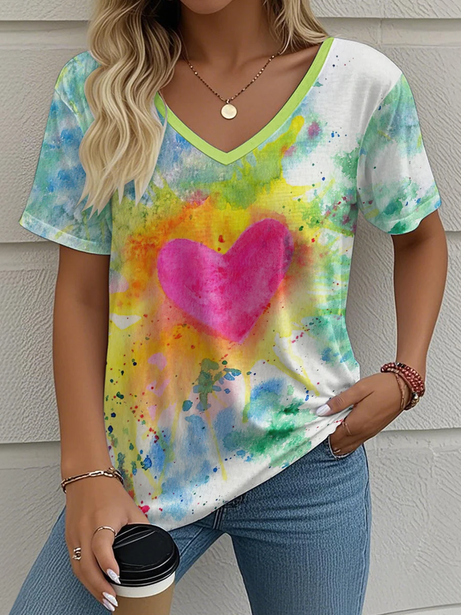 

Summer Women's T-Shirt Love Printing Outdoor Retro Fashion Casual Oversized V-Neck Short-Sleeved Women's Clothing