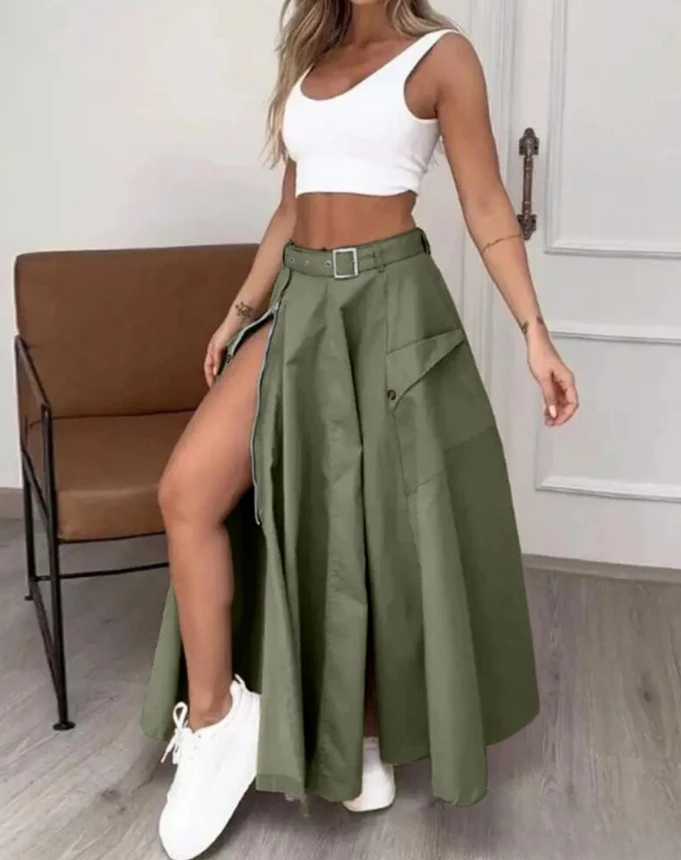 

Summer New Adjustable Waistbelt Zipper High Slit Maxi A-Line Skirt Sleeveless Solid Color Slim Fit Casual Long Skirt Set