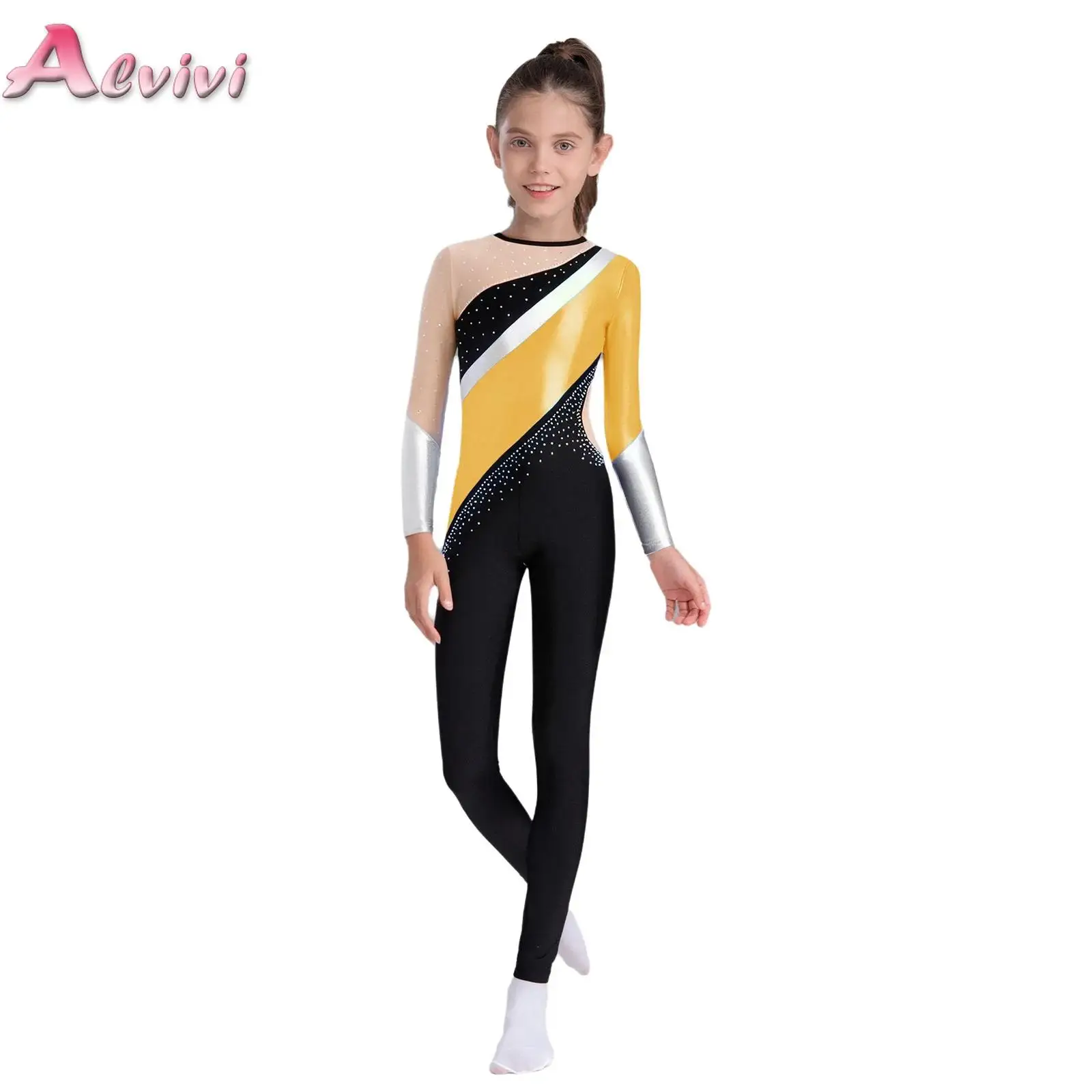 

Kids Girls Metallic Color Block Gymnastics Jumpsuit Long Sleeve Bodysuit for Ballet Dance Figure Skating Performance Competition