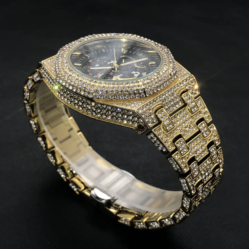 Automatic Watch For Men Luxury Full Ice Out Hip Hop Tourbillon Watches Bling Diamond Gold Male Mechanical Clock Dropshipping