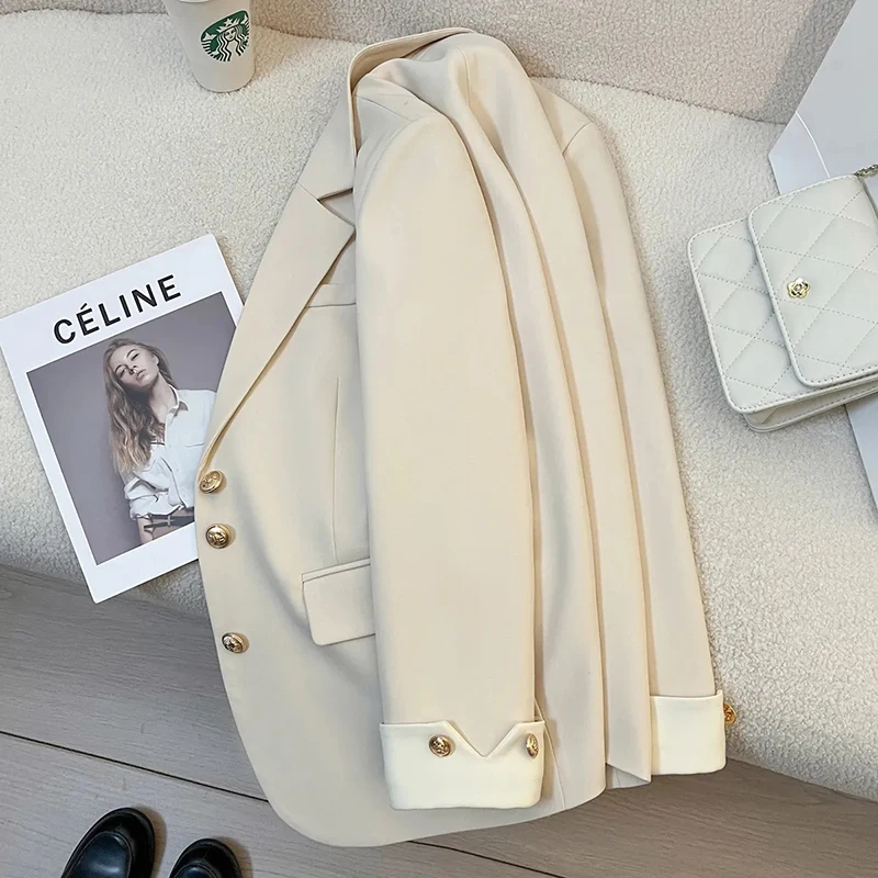 Cream Elegant Suit Jacket Women Fashion Straight Career Single Breasted Blazer Outwear Black Basic Office Lady Chic Suit Coat