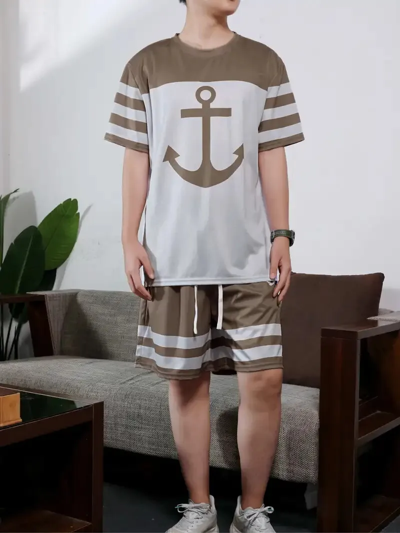 

Уличная мужская футболка, брючный костюм, летний повседневный пуловер с круглым вырезом и коротким рукавом, уличная одежда больших размеров, шорты с карманами на шнурке