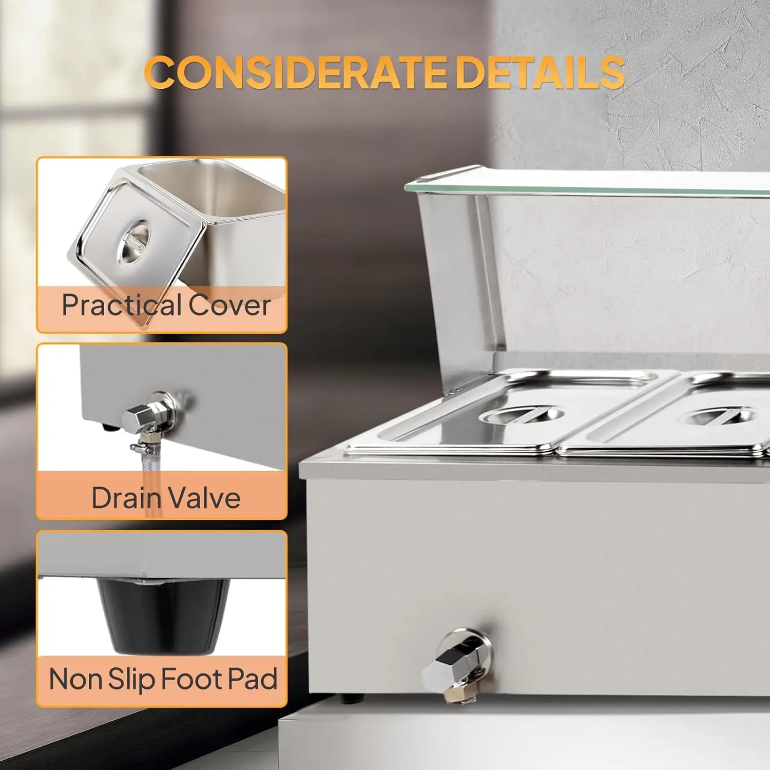 Electric Commercial Food Warmer 48QT, 6-Pan Steam Table Stainless Steel Bain Marie Countertop 8QT/Pan w/Acrylic Shield Temperatu