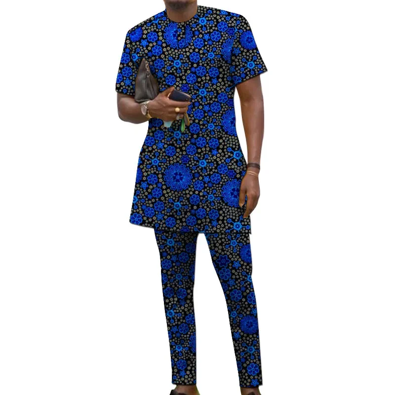 African Men Clothing Ankara Pants Set Dashiki Shirt 2 Piece Outfits Crop Top Attire Short Sleeve Plus Size Casual