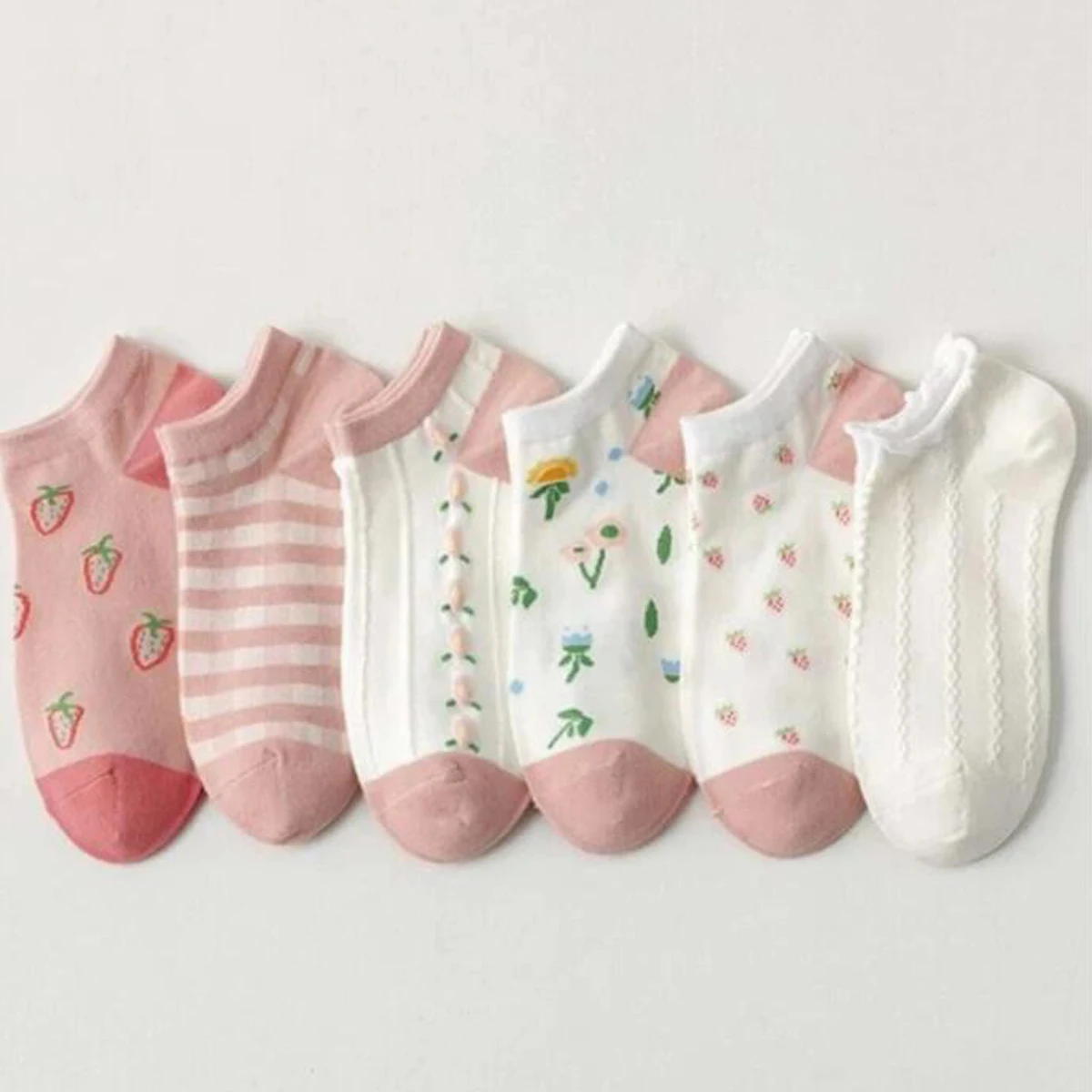 5 Paar hochwertige Damensocken, rosa, weiß, Kawaii-Blume, Erdbeere, gestreift, kariert, Harajuku, lässige Söckchen, lustige kurze Socken
