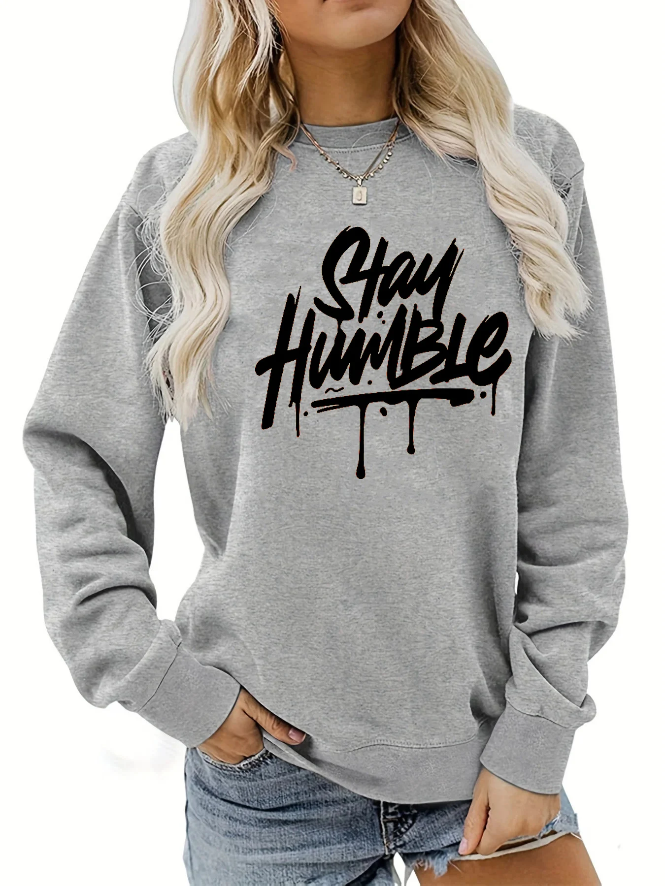 بلوفر نسائي كاجوال للخريف والشتاء فضفاض ومريح ودافئ ومطبوع برقبة دائرية وأكمام طويلة