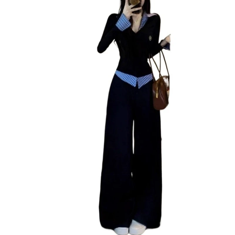 

Sports Suit Female Fall Student Korean Version Loose and Thin Fashion Foreign Fake Two-piece Sweater Casual Two-piece Set Trendy