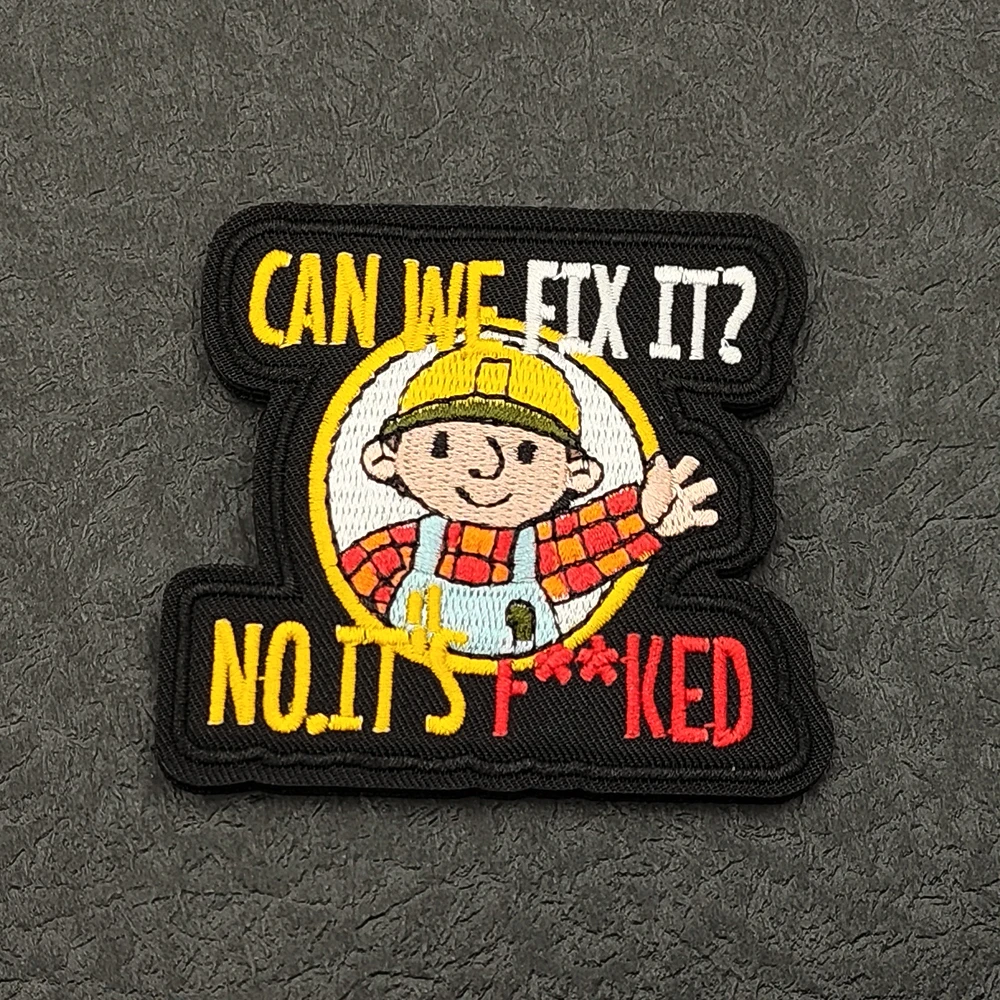 Creative Funny Boy Embroidery Applique Patch 'Can We Fix It?' DIY Sew-on Fabric Accessory for Jacket Shoulder Patches