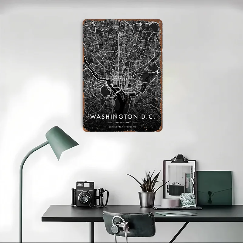 خريطة مدينة واشنطن ملصق معدني داكن علامات القصدير لتزيين غرفة النوم علامة معدنية مخصصة للألعاب لتزيين جدران الفن ديكور المنزل