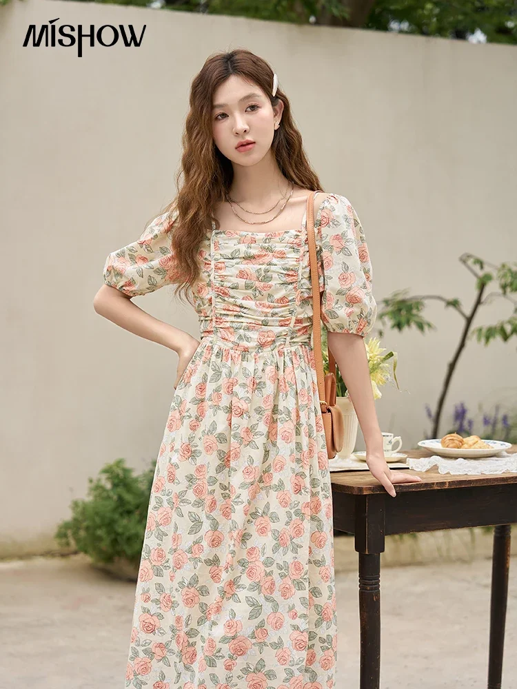 MISHOW Floral Dress 2023 Summer French 100 Cotton A-LINE Puff Sleeve Slash Neck Square Neck Folds Waist Long Dresses MXC33L1397