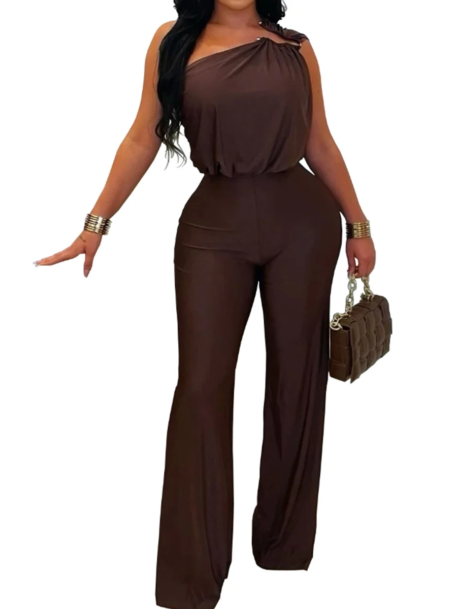 

Solid High Waist Asymmetric Shoulder Wide Leg Trousers Overalls Casual Sleeveless Rompers Outfit