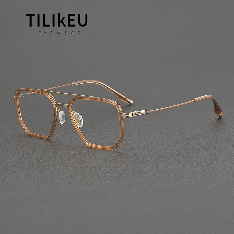

New Clear Brown Acetate Rim Double Bridge Titanium Eyeglasses Frames Men Large-Frame Retro Eyewear Myopia Eye Glasses for Women