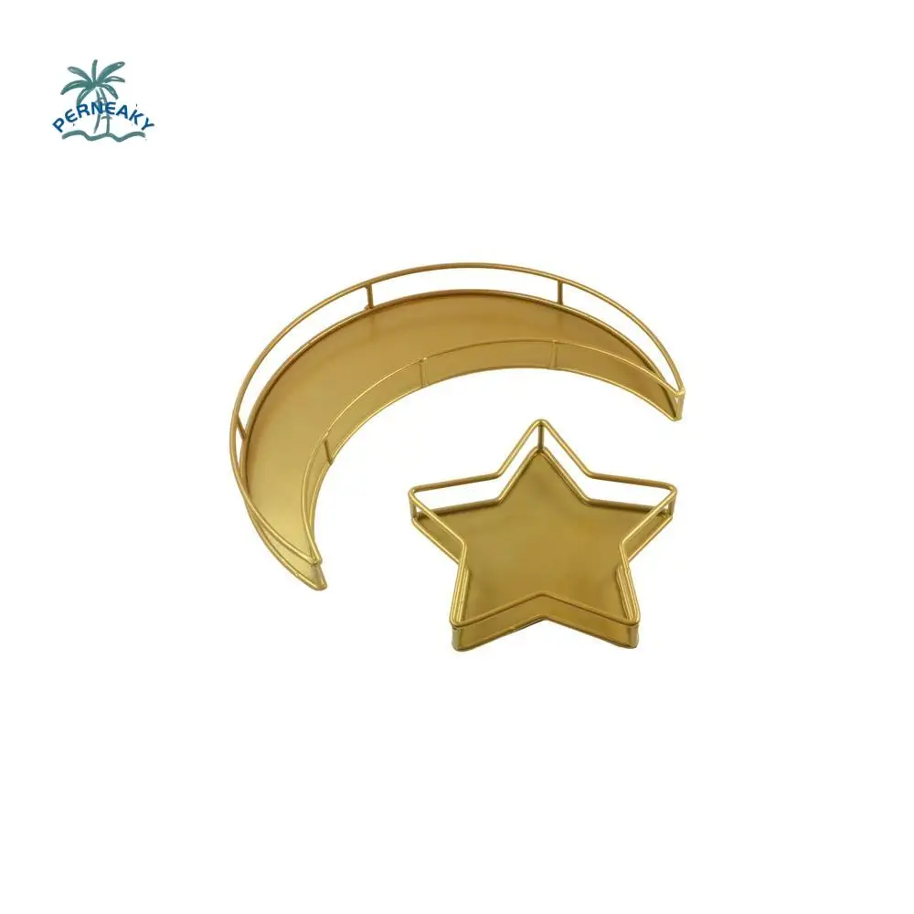 2Pcs Ornament Gold White Moon Star Tray Fruit Storage Display Holder Dessert Plates Metal Gift Eid Mubarak Decor Dinner