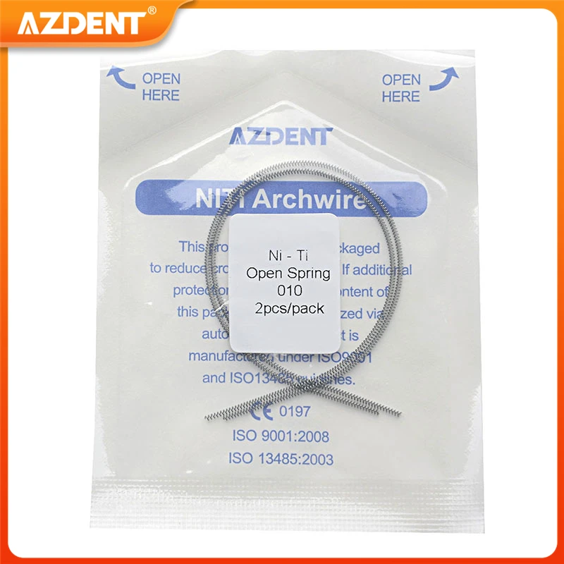 AZDENT-resorte abierto de ortodoncia Dental, muelles de bobina elástica Niti, tamaño 0.010x180mm, 0.012x180mm, suministros de odontología, 2 unids/lote por paquete