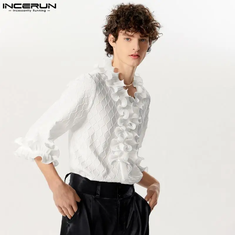 INCERUN Tops 2024 Handsome New Men\'s Ruffled Edge Patchwork Texture Shirts Male Leisure Streetwear Solid 3/4 Sleeve Blouse S-5XL