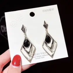 925 Silver Needle Trendy Rhombus Design Black Crystal Ladies Tassel Stud Earrings Promotion Jewelry Women Anti Allergy