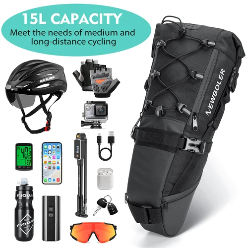 Imagen 2 del producto NEWBOLER-bolsa para bicicleta de gran capacidad, 15L, impermeable, alforja para bicicleta, bolsa trasera para ciclismo de montaña, bolsa trasera plegable, equipaje para bicicleta de carretera