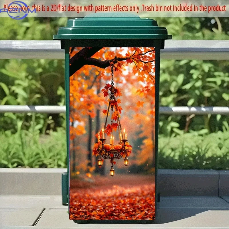 PC 2D Flat Self-Adhesive Trash Can Sticker, Chandelier in Autumn Fallen Leaves Decorative Decal, Creative Trash Can Decoration