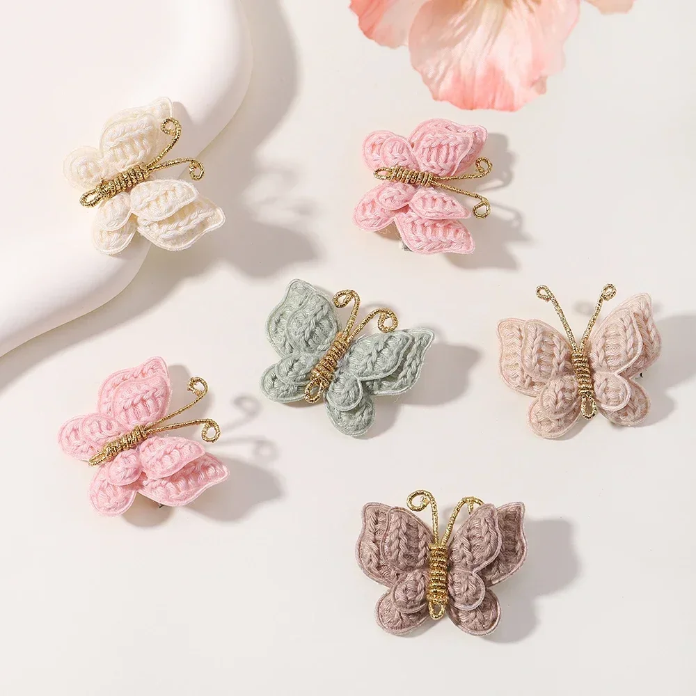 Lã de malha arco Hairpin para bebê menina, Handmade Crochet borboleta Hairpin, acessórios para cabelo infantil, bonito Headwear, novo, 4 pcs por conjunto