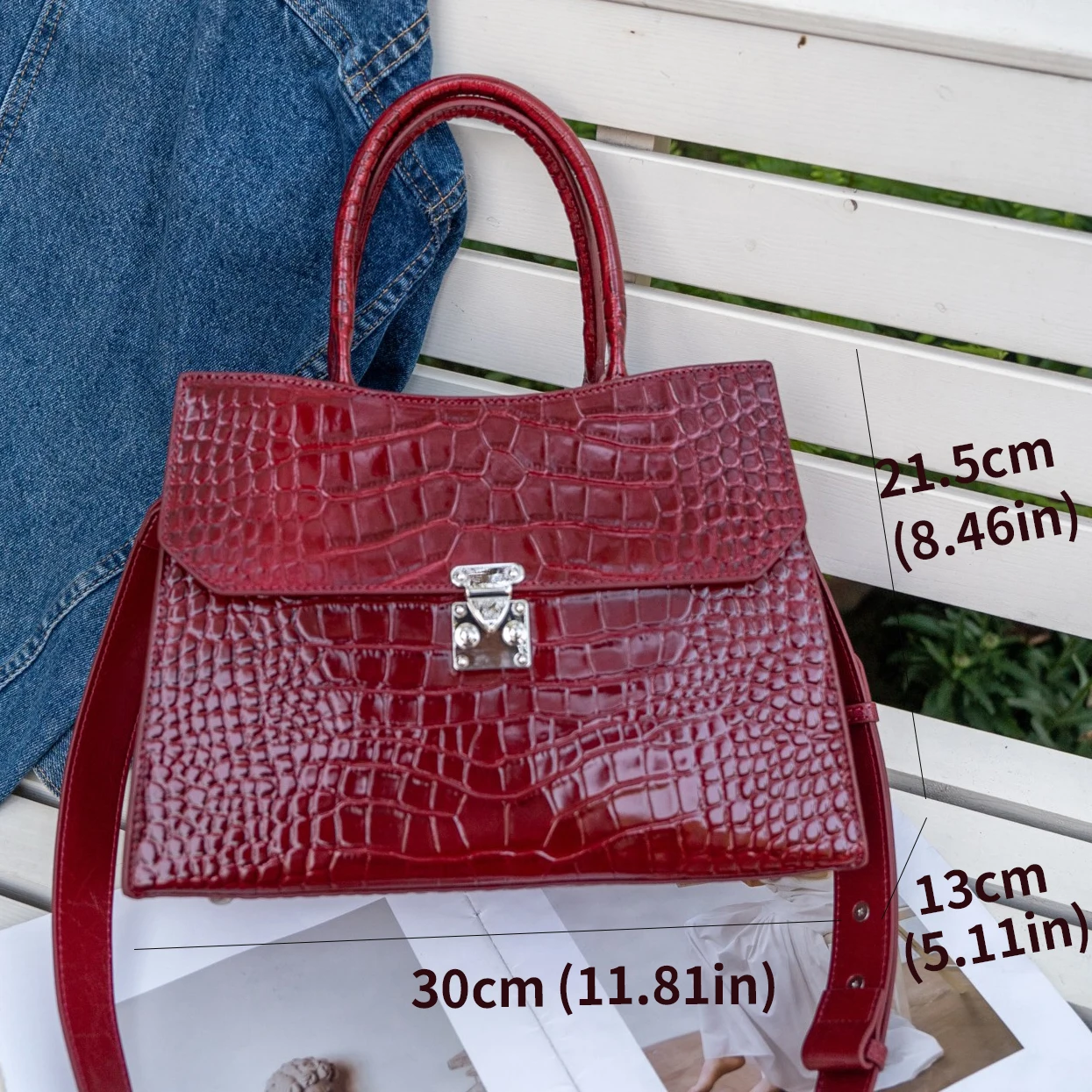 Aidrani Women Genuine Cowhide Bag, Gloss Croc Embossed, Flip Metal Lock, Detachable Wide Strap, Multi-color Crossbody Purse