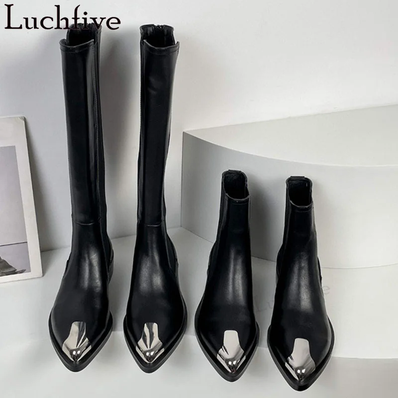 Black Genuine Leather Knee High Flat Boots Women Metal Pointy toe Elastic Slip on Punk Boots Luxury Fashion Week Ankle Boots