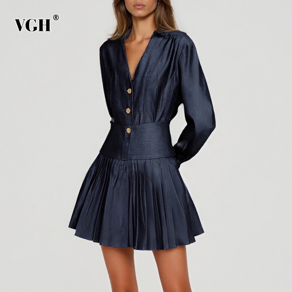 

VGH Solid Casual Denim Tow Piece Sets For Women V Neck Long Sleeve Spliced Button Top High Waist Mini Skirt Chic Set Female New