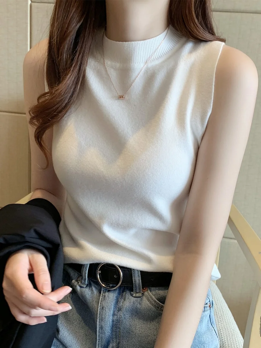 

Женский топ, модный жилет с высоким воротником, однотонный повседневный женский вязаный топ без рукавов, летняя повседневная вязаная футболка без рукавов D334